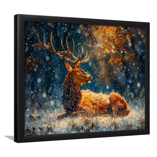 Elk With Antlers And Snow Winter, Hunting Art Decor, Painting Art, Framed Art Print Wall Decor, Framed Picture