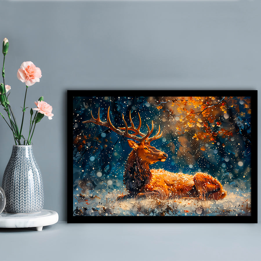 Elk With Antlers And Snow Winter, Hunting Art Decor, Painting Art, Framed Art Print Wall Decor, Framed Picture