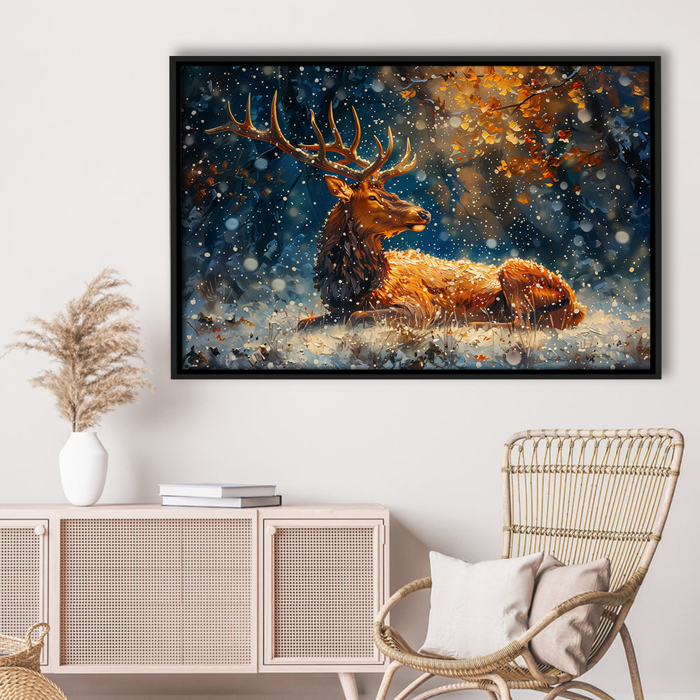 Elk With Antlers And Snow Winter, Hunting Art Decor, Painting Art, Floating Framed Canvas Print Wall Art