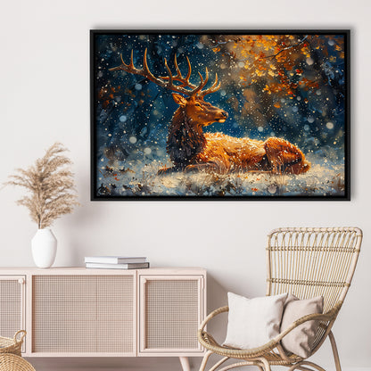 Elk With Antlers And Snow Winter, Hunting Art Decor, Painting Art, Floating Framed Canvas Print Wall Art