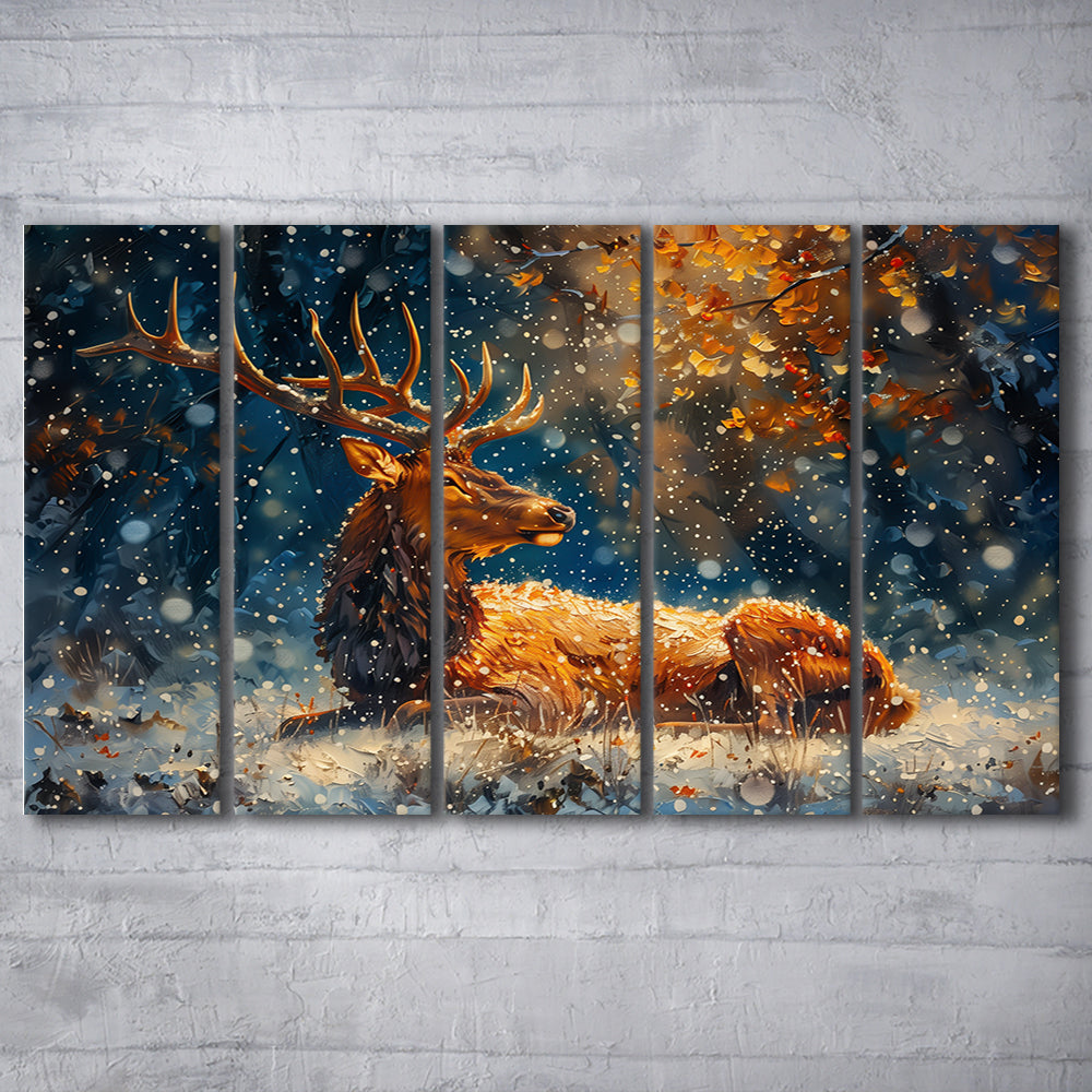 Elk With Antlers And Snow Winter, Hunting Art, Painting Art, Multi Panels Canvas Print Wall Art