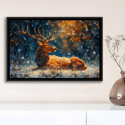 Elk With Antlers And Snow Winter, Hunting Art Decor, Painting Art, Floating Framed Canvas Print Wall Art