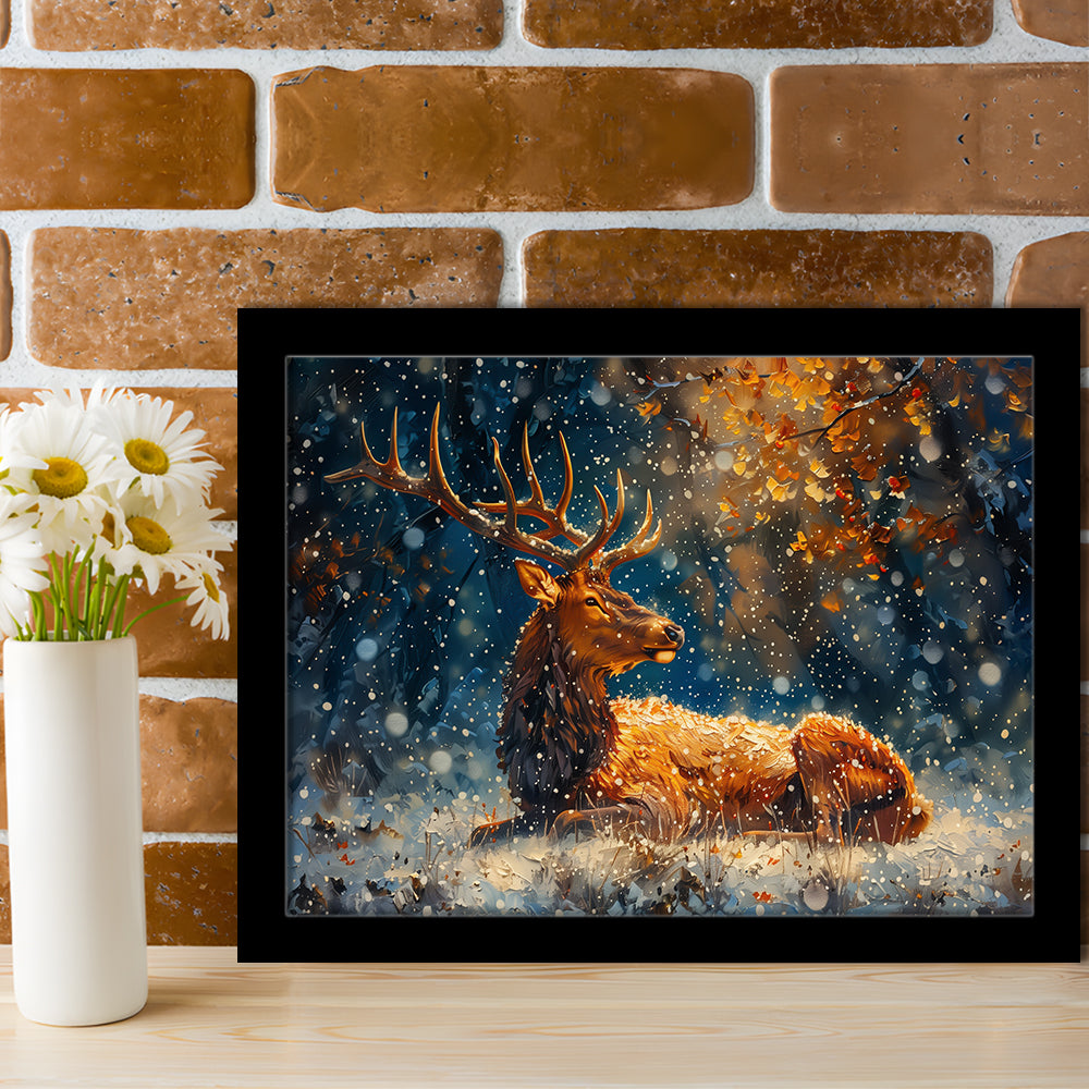 Elk With Antlers And Snow Winter, Hunting Art Decor, Painting Art, Framed Art Print Wall Decor, Framed Picture