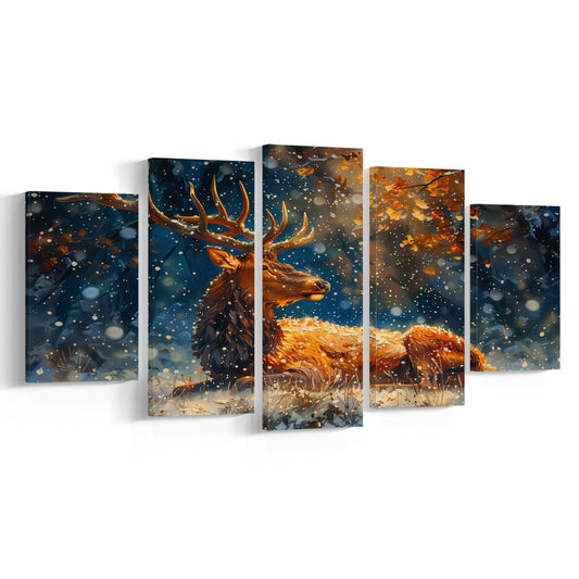 Elk With Antlers And Snow Winter, Hunting Art Decor, Painting Art, Mixed Panels Canvas Print Wall Art