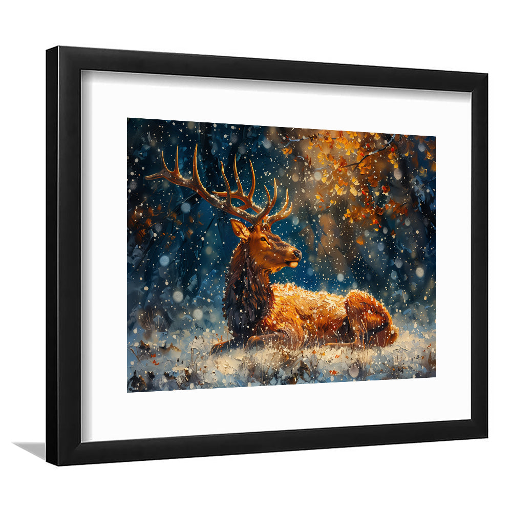 Elk With Antlers And Snow Winter, Hunting Art Decor, Painting Art, Framed Art Print White Border Wall Decor