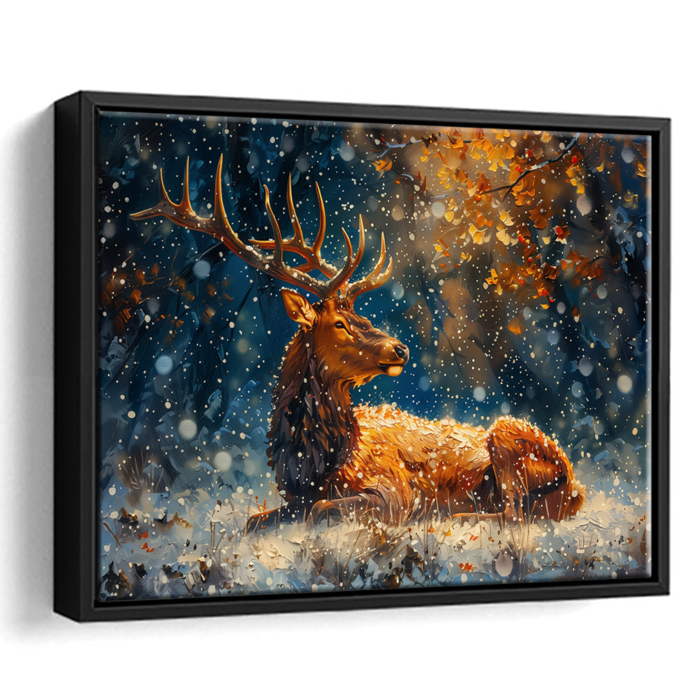 Elk With Antlers And Snow Winter, Hunting Art Decor, Painting Art, Floating Framed Canvas Print Wall Art