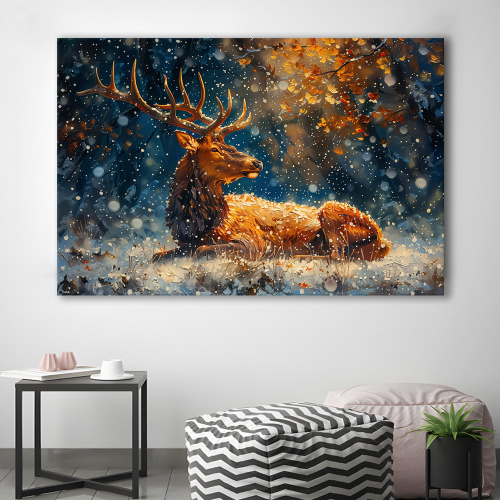 Elk With Antlers And Snow Winter, Hunting Art Decor, Painting Art, Canvas Print Wall Art Home Decor