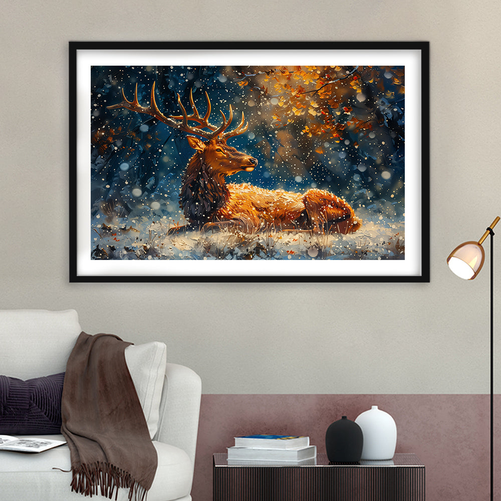 Elk With Antlers And Snow Winter, Hunting Art Decor, Painting Art, Framed Art Print White Border Wall Decor