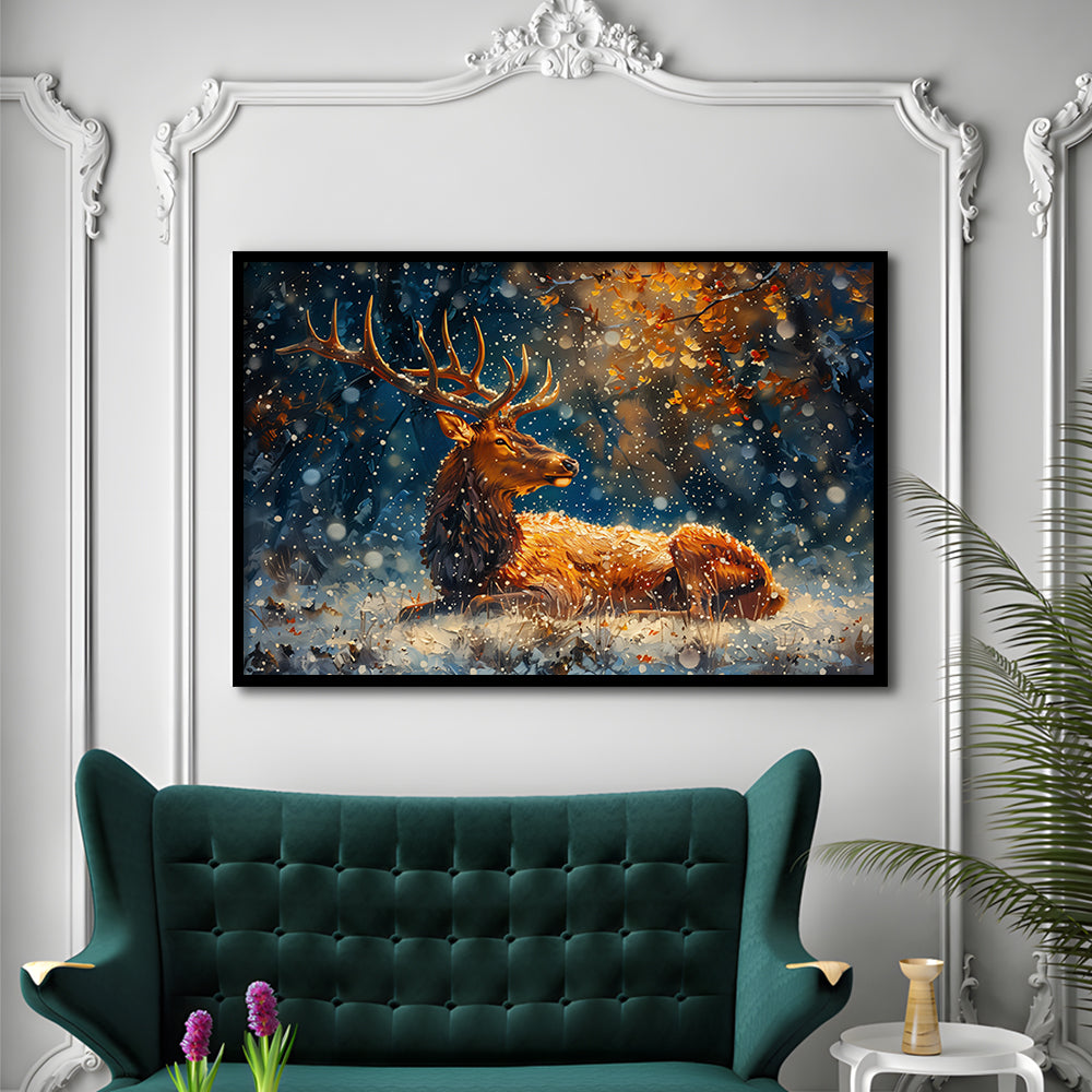 Elk With Antlers And Snow Winter, Hunting Art Decor, Painting Art, Framed Art Print Wall Decor, Framed Picture