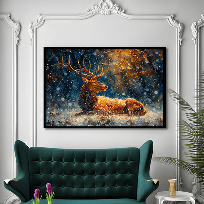 Elk With Antlers And Snow Winter, Hunting Art Decor, Painting Art, Framed Art Print Wall Decor, Framed Picture