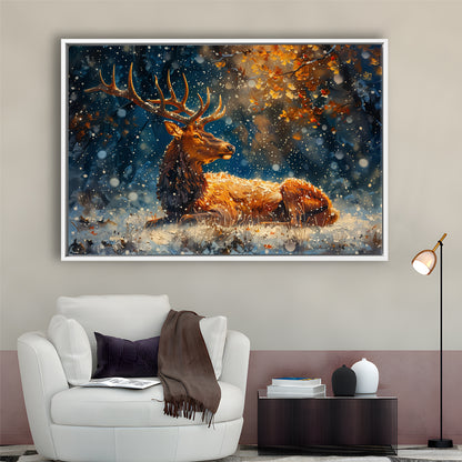 Elk With Antlers And Snow Winter, Hunting Art Decor, Painting Art, Floating Framed Canvas Print Wall Art