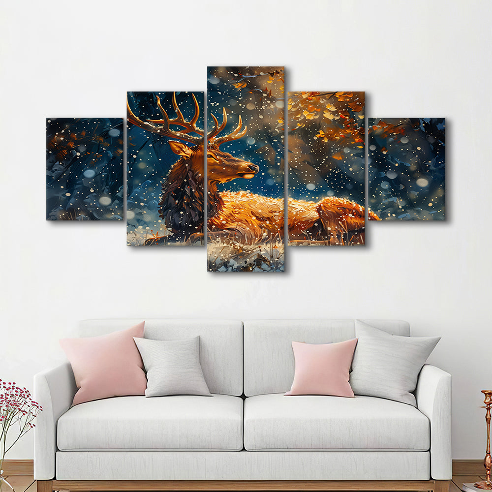 Elk With Antlers And Snow Winter, Hunting Art Decor, Painting Art, Mixed Panels Canvas Print Wall Art