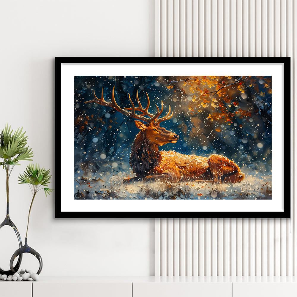 Elk With Antlers And Snow Winter, Hunting Art Decor, Painting Art, Framed Art Print White Border Wall Decor