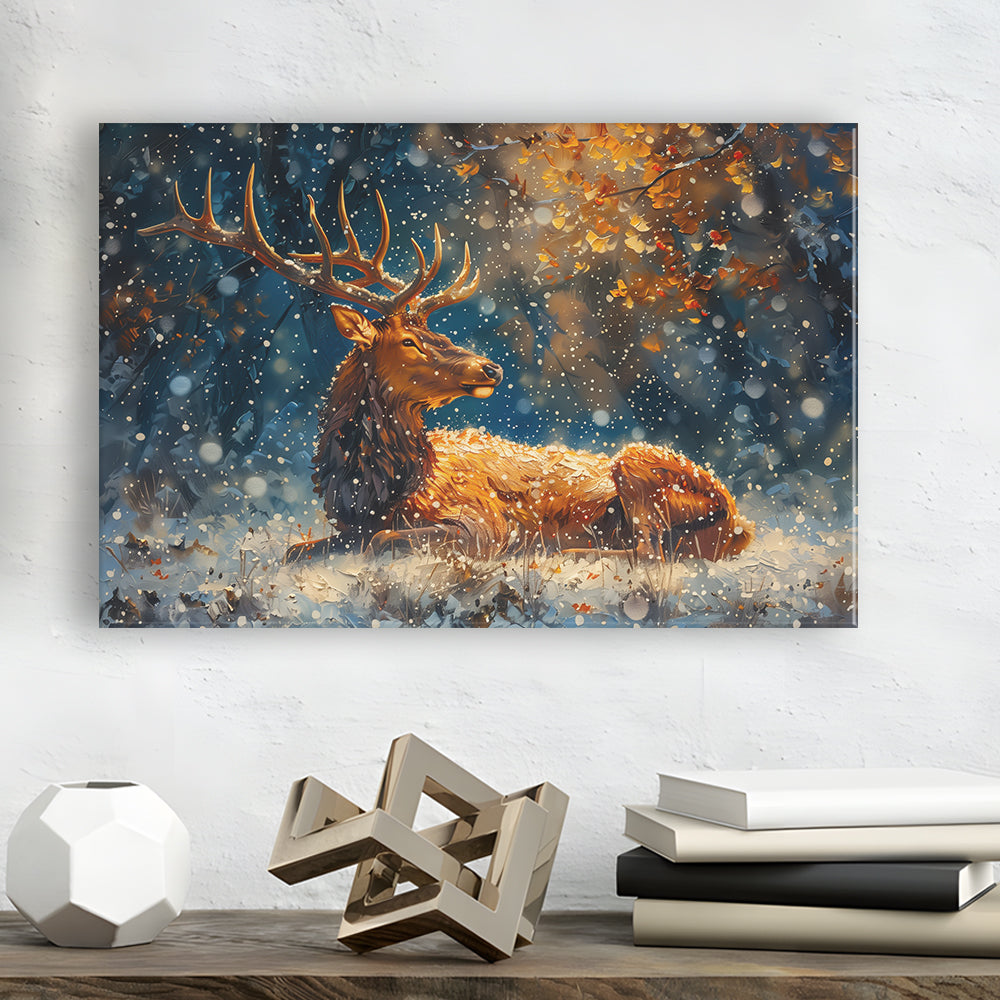 Elk With Antlers And Snow Winter, Hunting Art Decor, Painting Art, Canvas Print Wall Art Home Decor