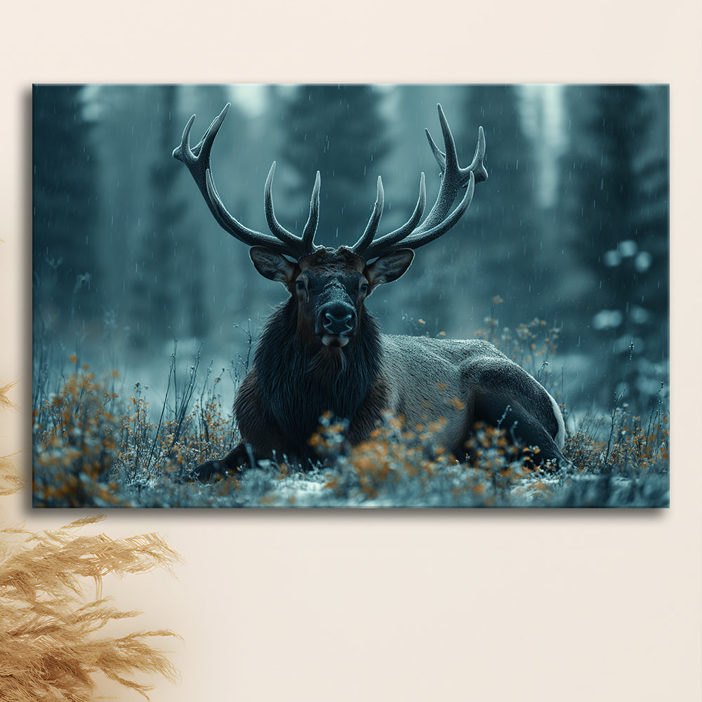 Elk With Antlers Dark Winter Hunting Art Decor, Painting Art, Canvas Print Wall Art Home Decor