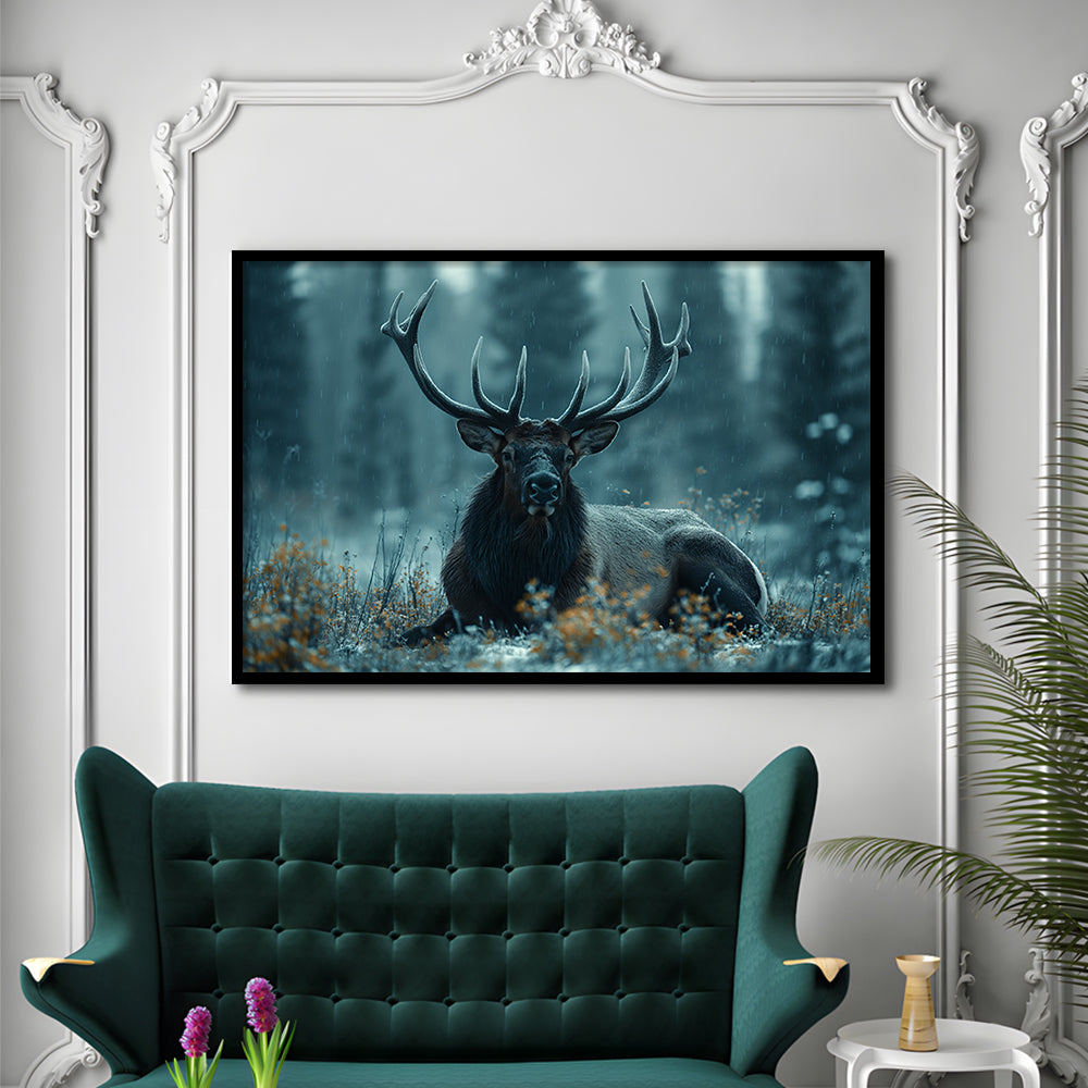 Elk With Antlers Dark Winter Hunting Art Decor, Painting Art, Framed Art Print Wall Decor, Framed Picture