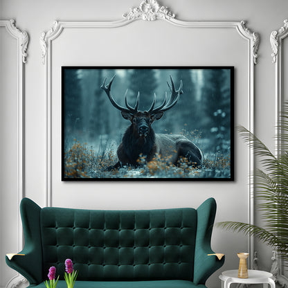 Elk With Antlers Dark Winter Hunting Art Decor, Painting Art, Framed Art Print Wall Decor, Framed Picture