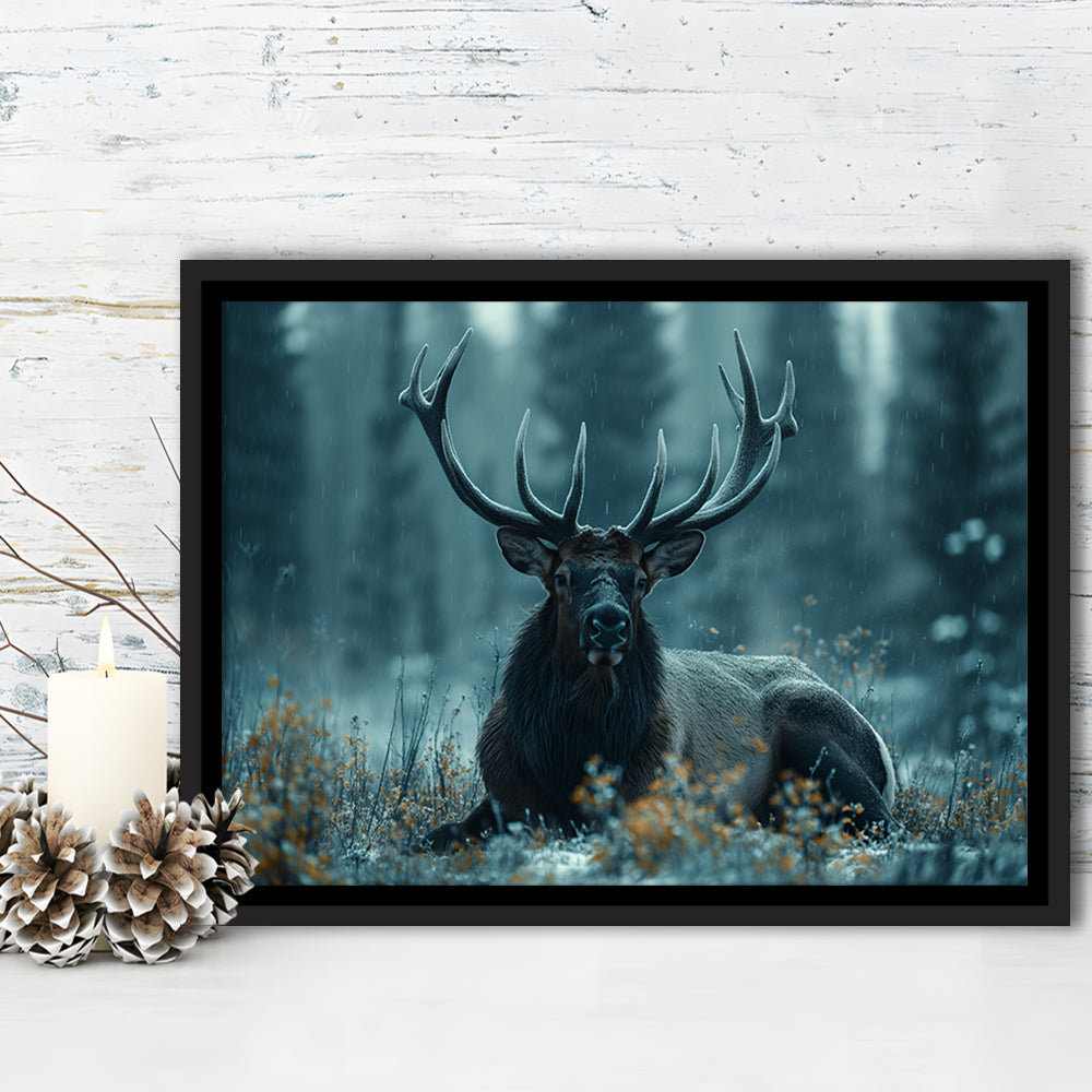 Elk With Antlers Dark Winter Hunting Art Decor, Painting Art, Floating Framed Canvas Print Wall Art