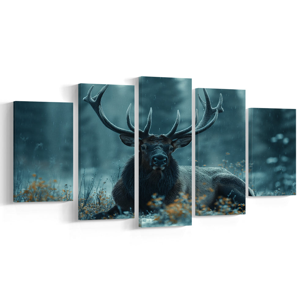 Elk With Antlers Dark Winter Hunting Art Decor, Painting Art, Mixed Panels Canvas Print Wall Art