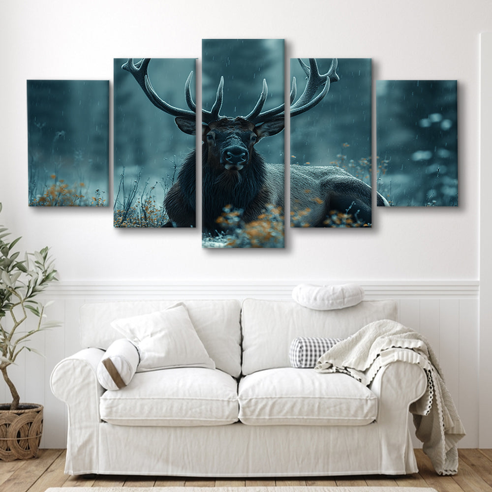 Elk With Antlers Dark Winter Hunting Art Decor, Painting Art, Mixed Panels Canvas Print Wall Art