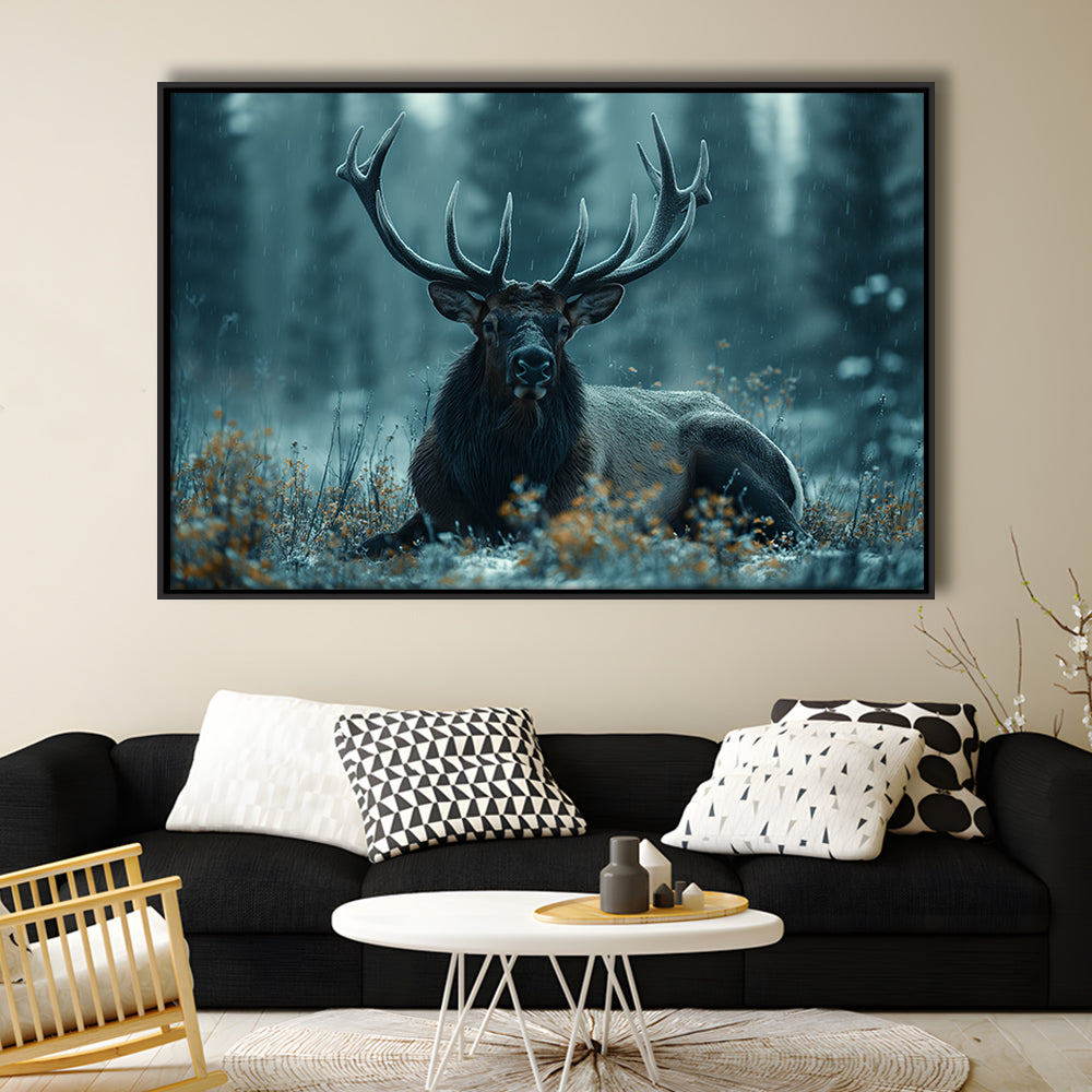 Elk With Antlers Dark Winter Hunting Art Decor, Painting Art, Floating Framed Canvas Print Wall Art