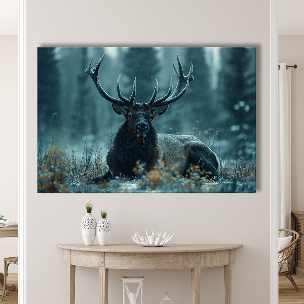 Elk With Antlers Dark Winter Hunting Art Decor, Painting Art, Canvas Print Wall Art Home Decor