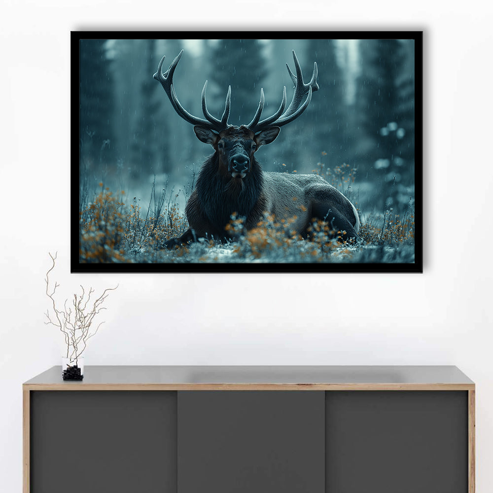 Elk With Antlers Dark Winter Hunting Art Decor, Painting Art, Framed Art Print Wall Decor, Framed Picture