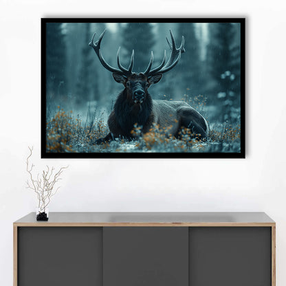 Elk With Antlers Dark Winter Hunting Art Decor, Painting Art, Framed Art Print Wall Decor, Framed Picture
