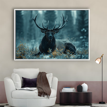 Elk With Antlers Dark Winter Hunting Art Decor, Painting Art, Floating Framed Canvas Print Wall Art