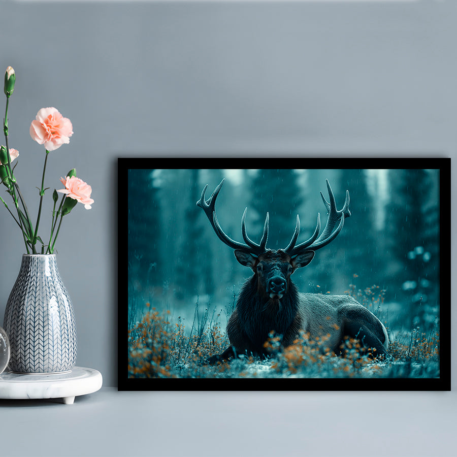 Elk With Antlers Dark Winter Hunting Art Decor, Painting Art, Framed Art Print Wall Decor, Framed Picture