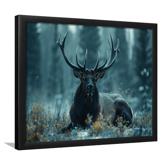 Elk With Antlers Dark Winter Hunting Art Decor, Painting Art, Framed Art Print Wall Decor, Framed Picture