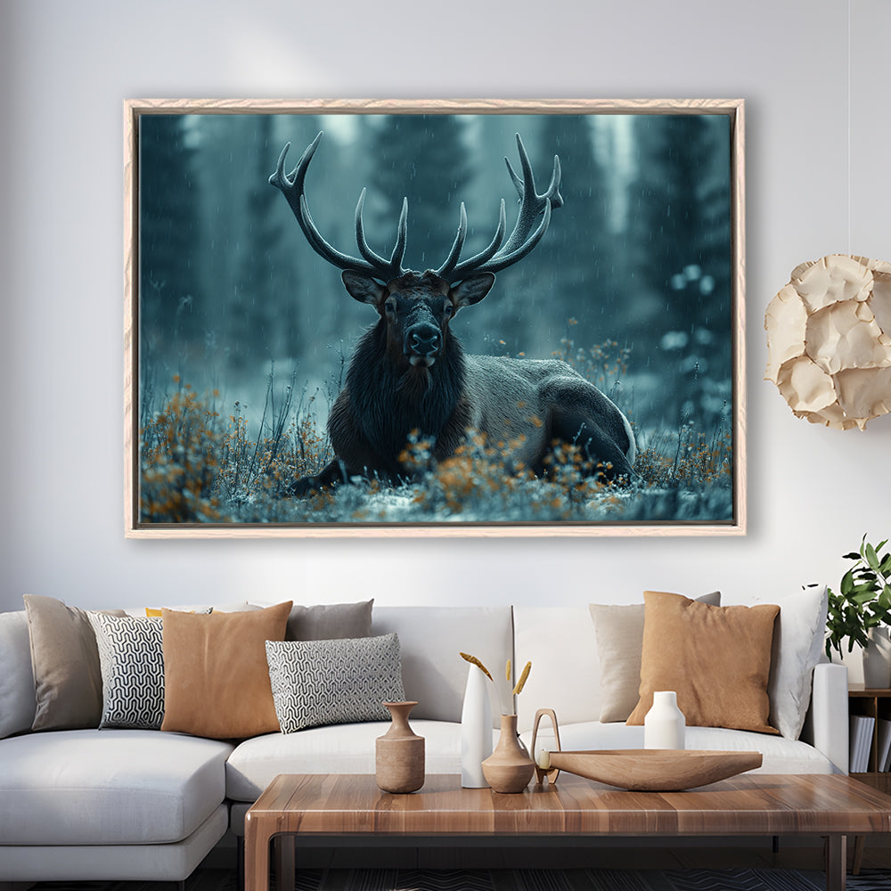 Elk With Antlers Dark Winter Hunting Art Decor, Painting Art, Floating Framed Canvas Print Wall Art