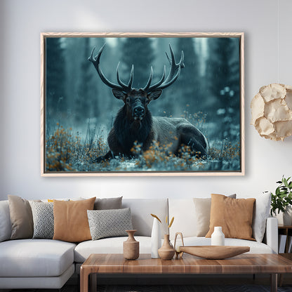 Elk With Antlers Dark Winter Hunting Art Decor, Painting Art, Floating Framed Canvas Print Wall Art