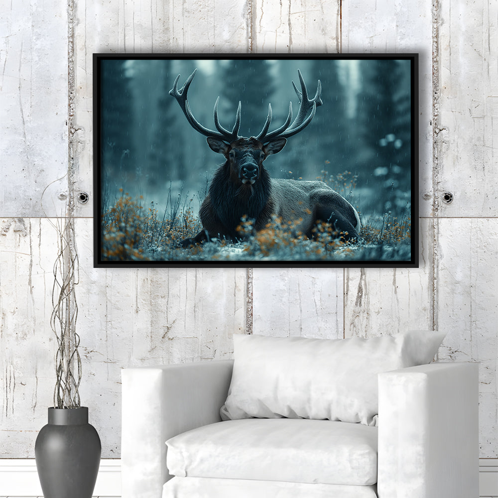 Elk With Antlers Dark Winter Hunting Art Decor, Painting Art, Floating Framed Canvas Print Wall Art