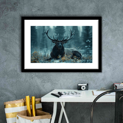 Elk With Antlers Dark Winter Hunting Art Decor, Painting Art, Framed Art Print White Border Wall Decor