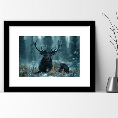 Elk With Antlers Dark Winter Hunting Art Decor, Painting Art, Framed Art Print White Border Wall Decor