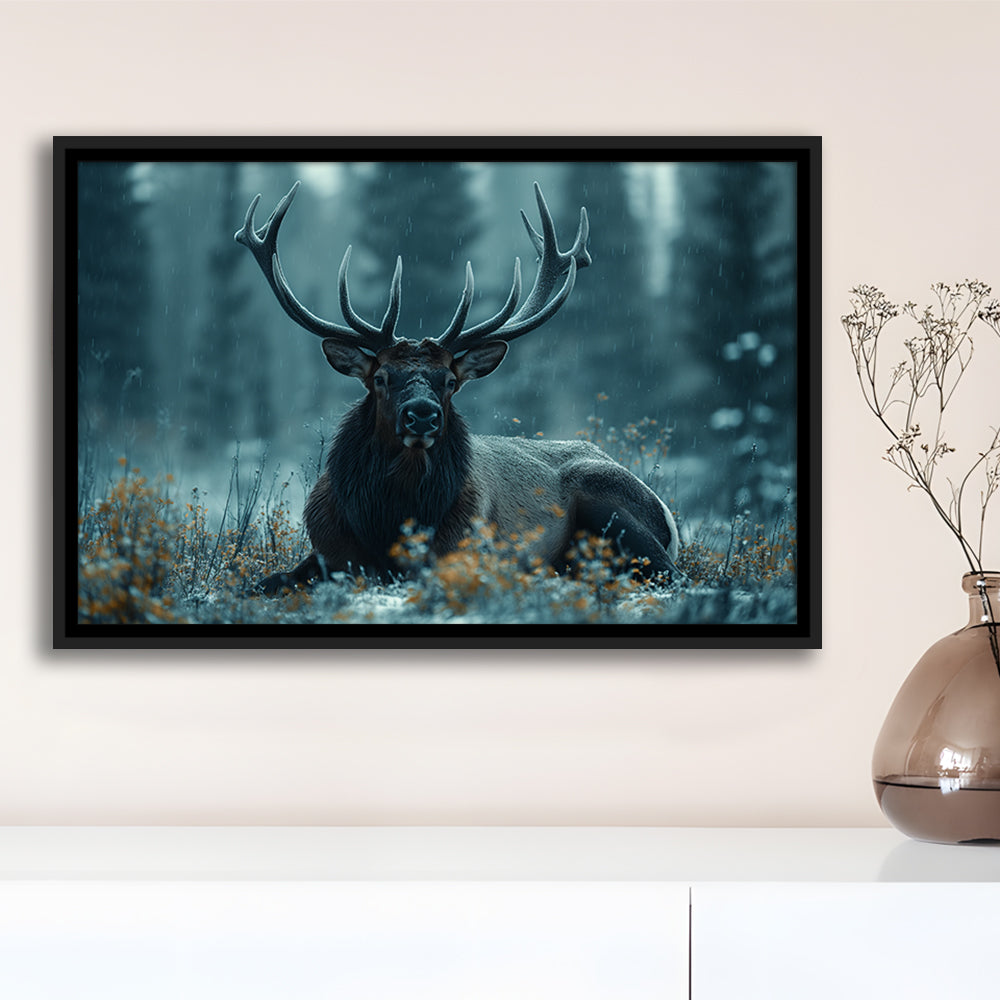 Elk With Antlers Dark Winter Hunting Art Decor, Painting Art, Floating Framed Canvas Print Wall Art