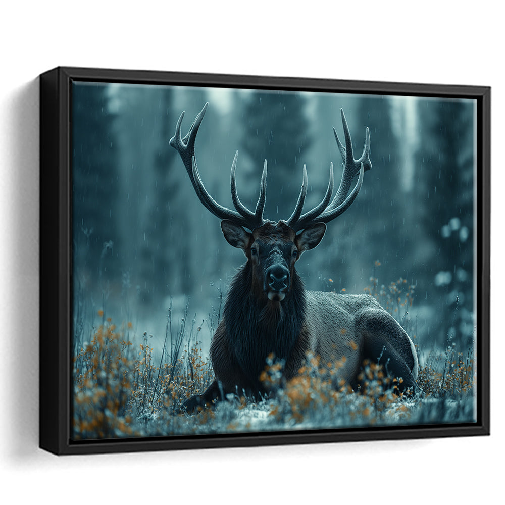 Elk With Antlers Dark Winter Hunting Art Decor, Painting Art, Floating Framed Canvas Print Wall Art