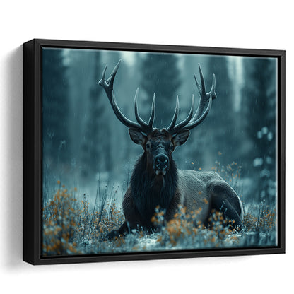 Elk With Antlers Dark Winter Hunting Art Decor, Painting Art, Floating Framed Canvas Print Wall Art