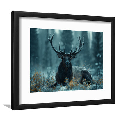 Elk With Antlers Dark Winter Hunting Art Decor, Painting Art, Framed Art Print White Border Wall Decor