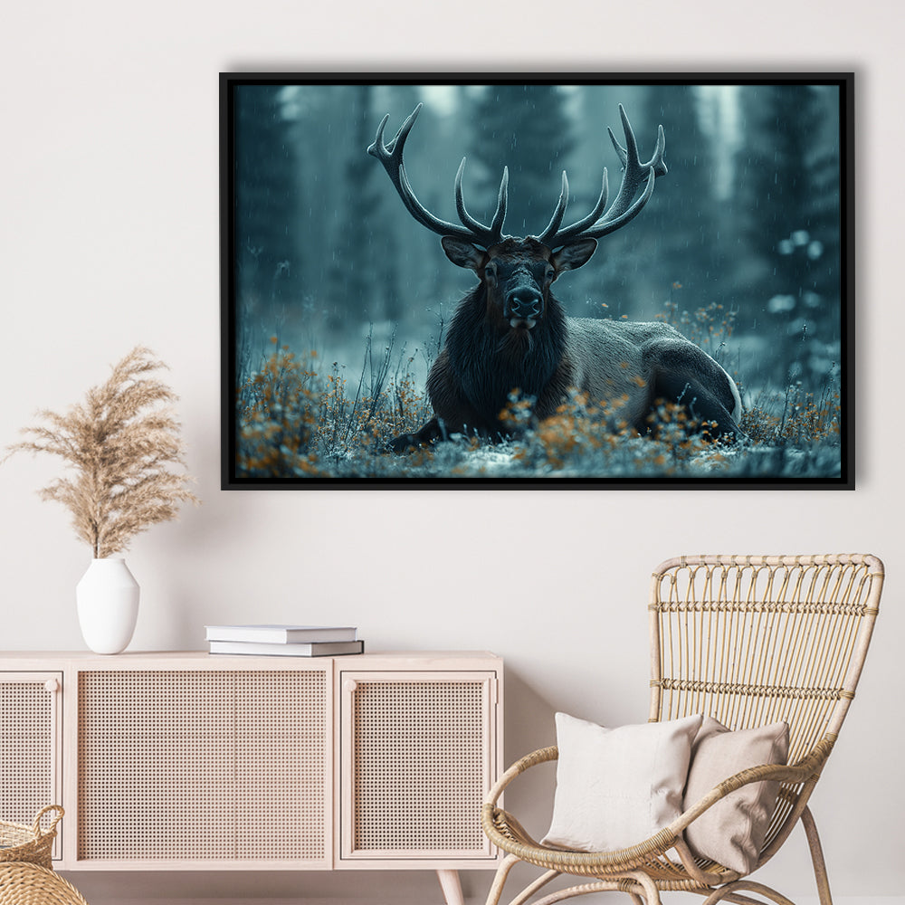 Elk With Antlers Dark Winter Hunting Art Decor, Painting Art, Floating Framed Canvas Print Wall Art