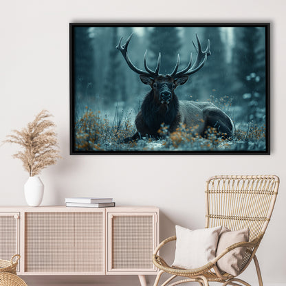 Elk With Antlers Dark Winter Hunting Art Decor, Painting Art, Floating Framed Canvas Print Wall Art