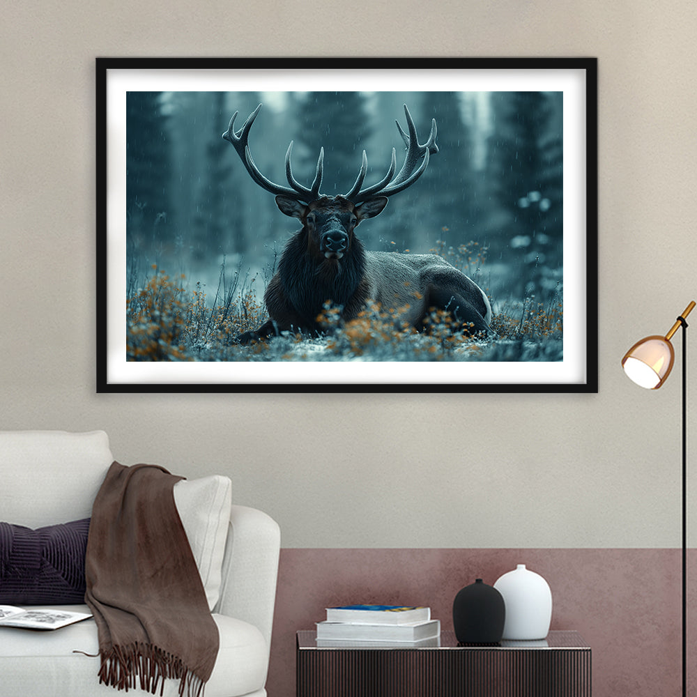 Elk With Antlers Dark Winter Hunting Art Decor, Painting Art, Framed Art Print White Border Wall Decor