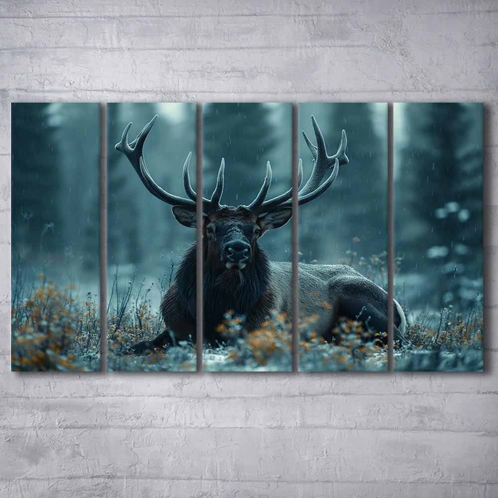 Elk With Antlers Dark Winter Hunting Art, Painting Art, Multi Panels Canvas Print Wall Art