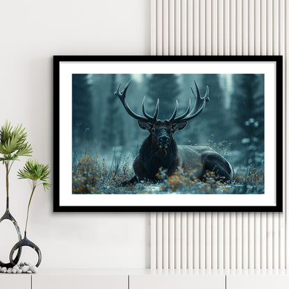 Elk With Antlers Dark Winter Hunting Art Decor, Painting Art, Framed Art Print White Border Wall Decor