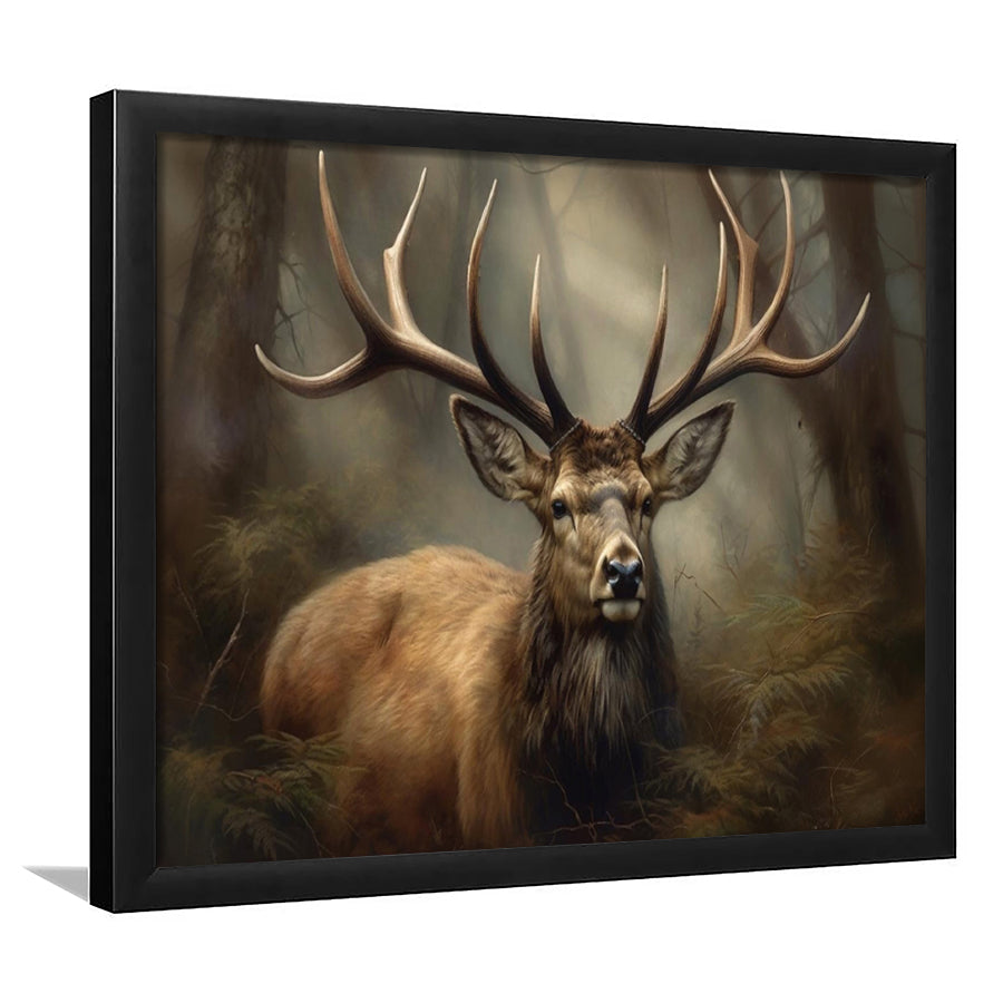 Elk With Antlers In The Forest Portrait Painting Canvas Print, Deer Farmhouse, Framed Art Print Wall Decor, Picture Framed