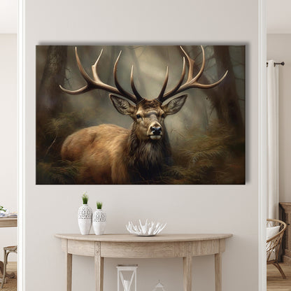 Elk With Antlers In The Forest Portrait Painting Canvas Print, Deer Farmhouse, Canvas Print Wall Art, Wall Decor, Painting Canvas