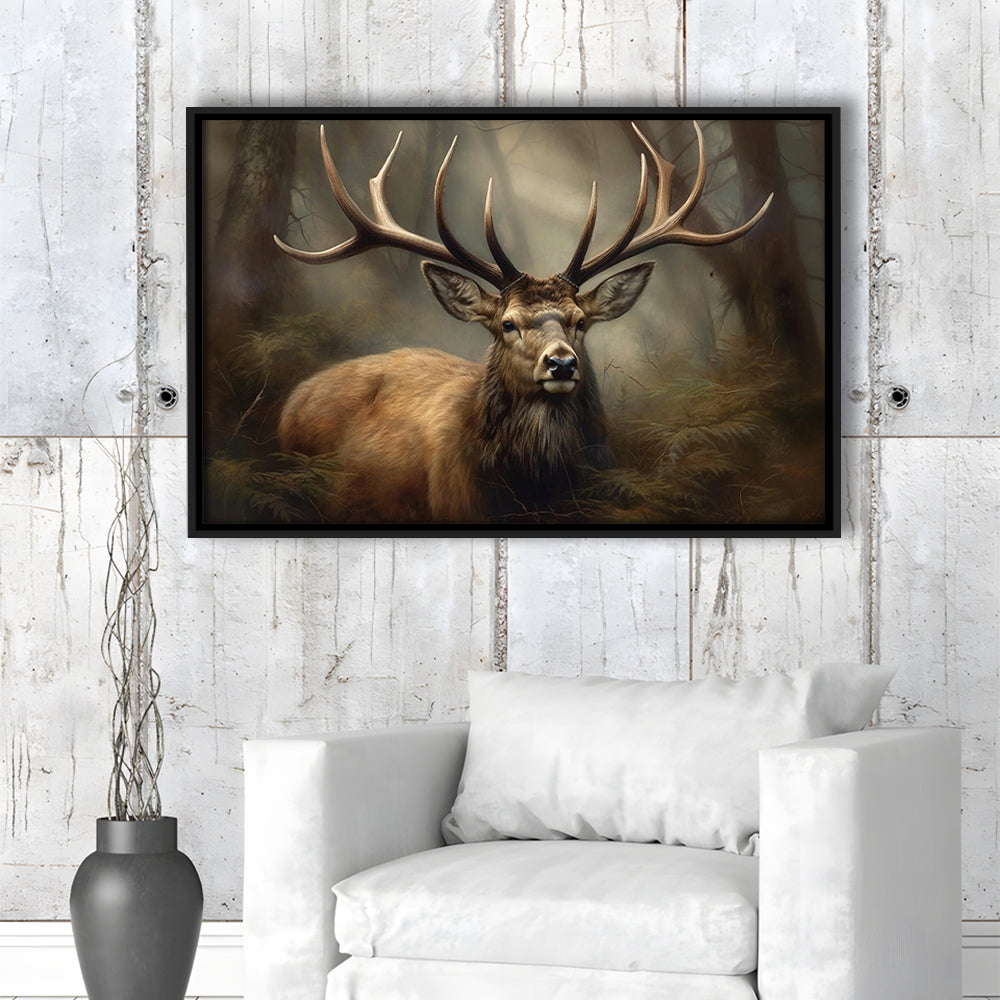 Elk With Antlers In The Forest Portrait Painting Canvas Print, Deer Farmhouse, Framed Canvas Print Wall Art, Floating Frame
