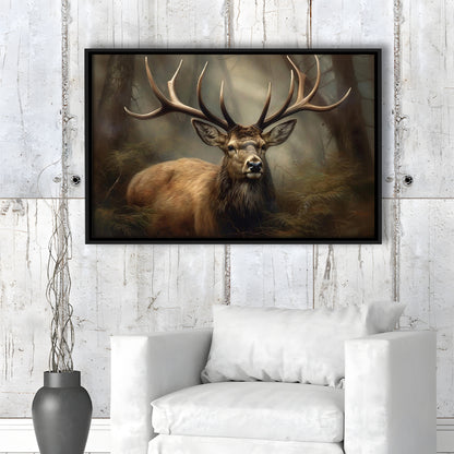 Elk With Antlers In The Forest Portrait Painting Canvas Print, Deer Farmhouse, Framed Canvas Print Wall Art, Floating Frame