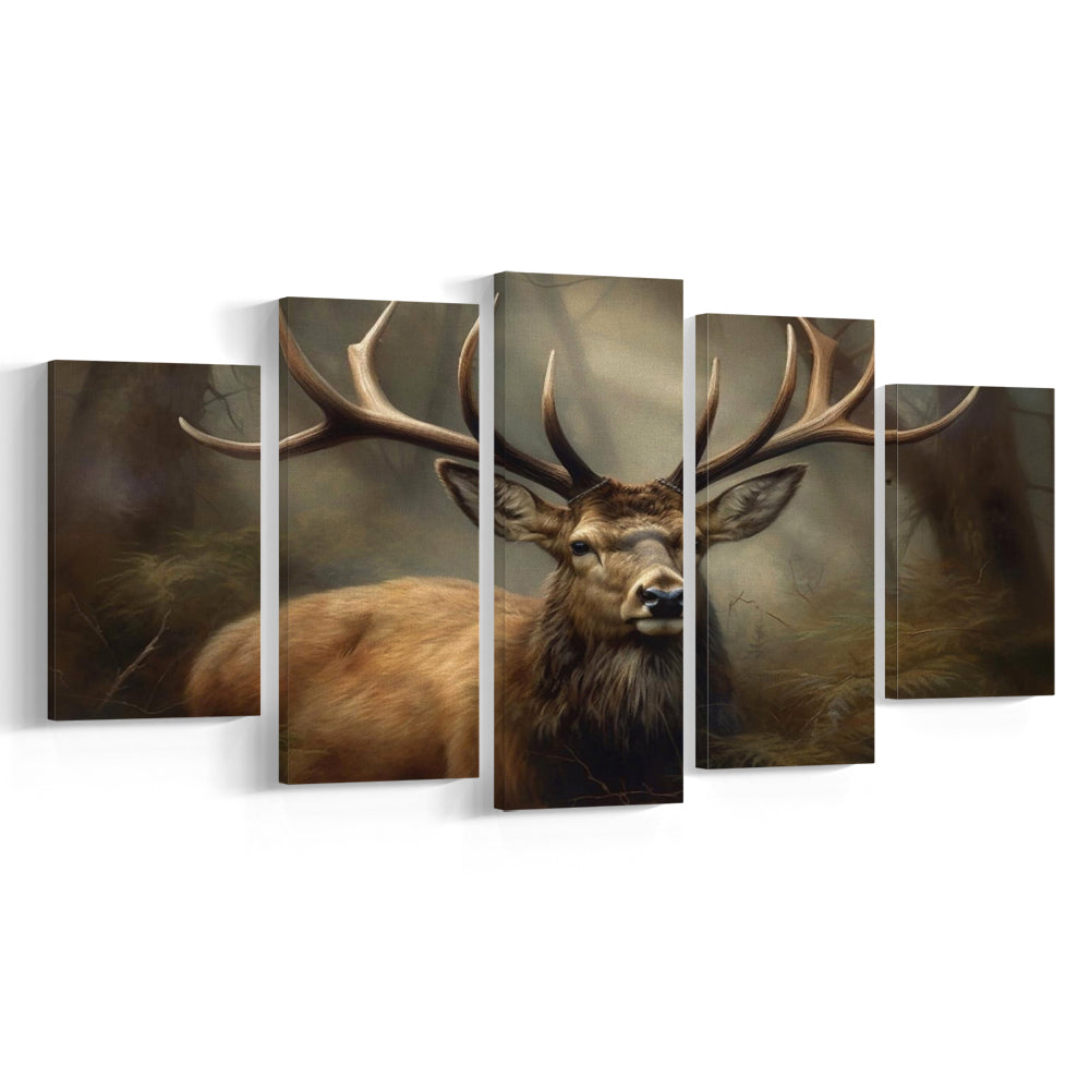Elk With Antlers In The Forest Portrait Painting Canvas Print, Deer Farmhouse, 5 Panel Mixed Canvas Print Wall Art, Large Canvas